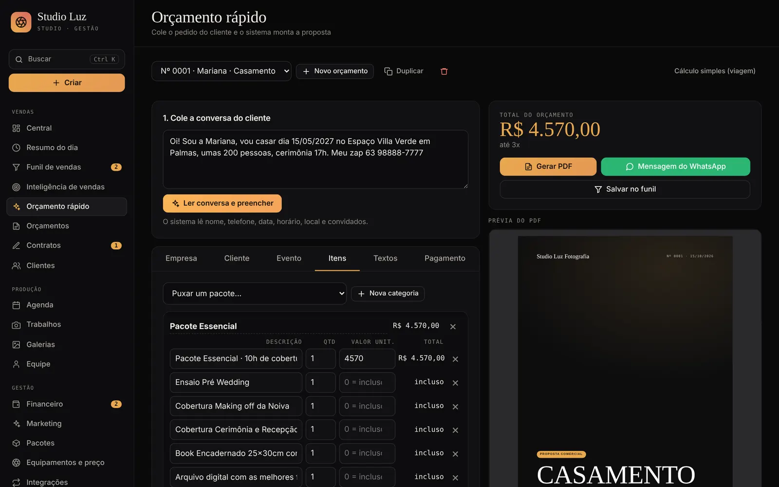 Tela do orçamento rápido