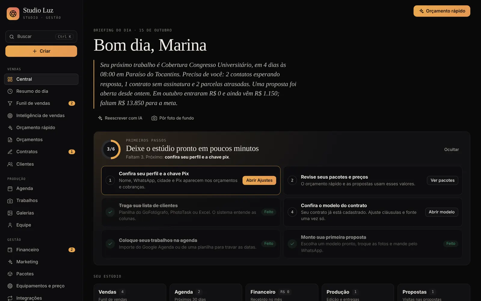 Tela inicial do sistema com o resumo do dia