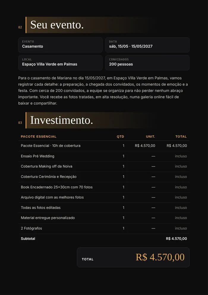 Página de investimento da proposta